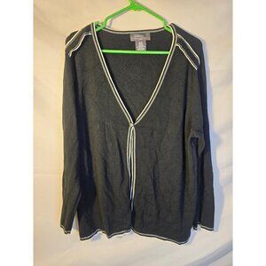 George Black White Trim Cardigan Sweater Long Sleeve Preppy Womens Plus Size 2X